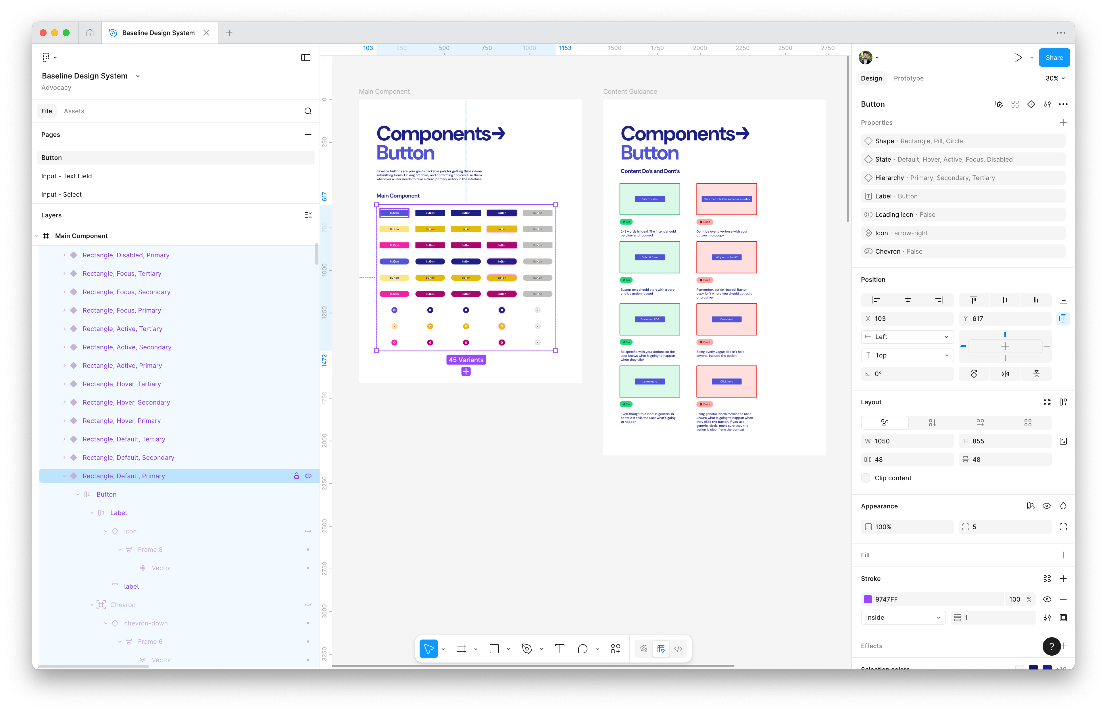 The button component in Figma, with specific guidance for design context