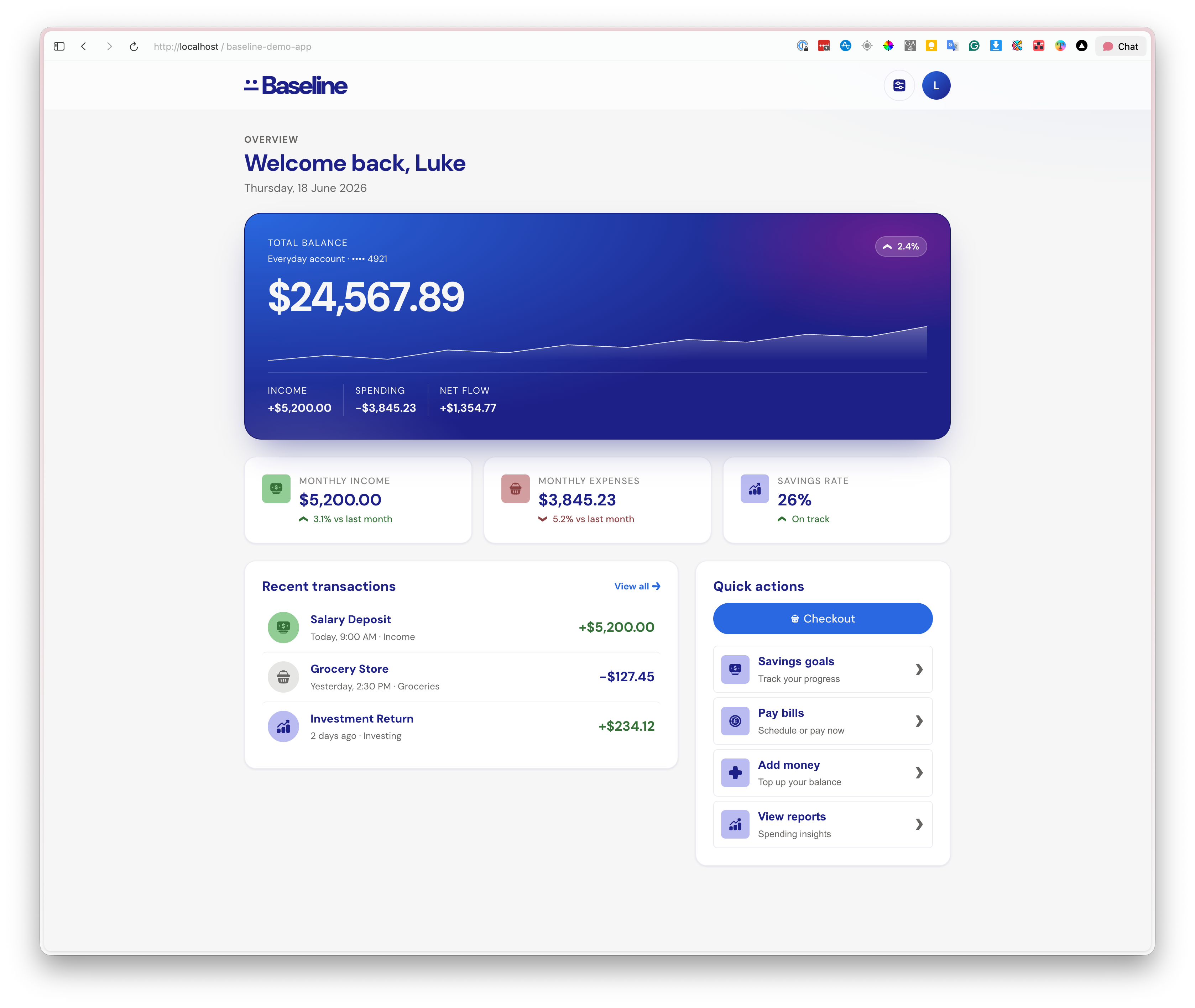 The Baseline demo app, showing an account overview dashboard built entirely from the design system's React components