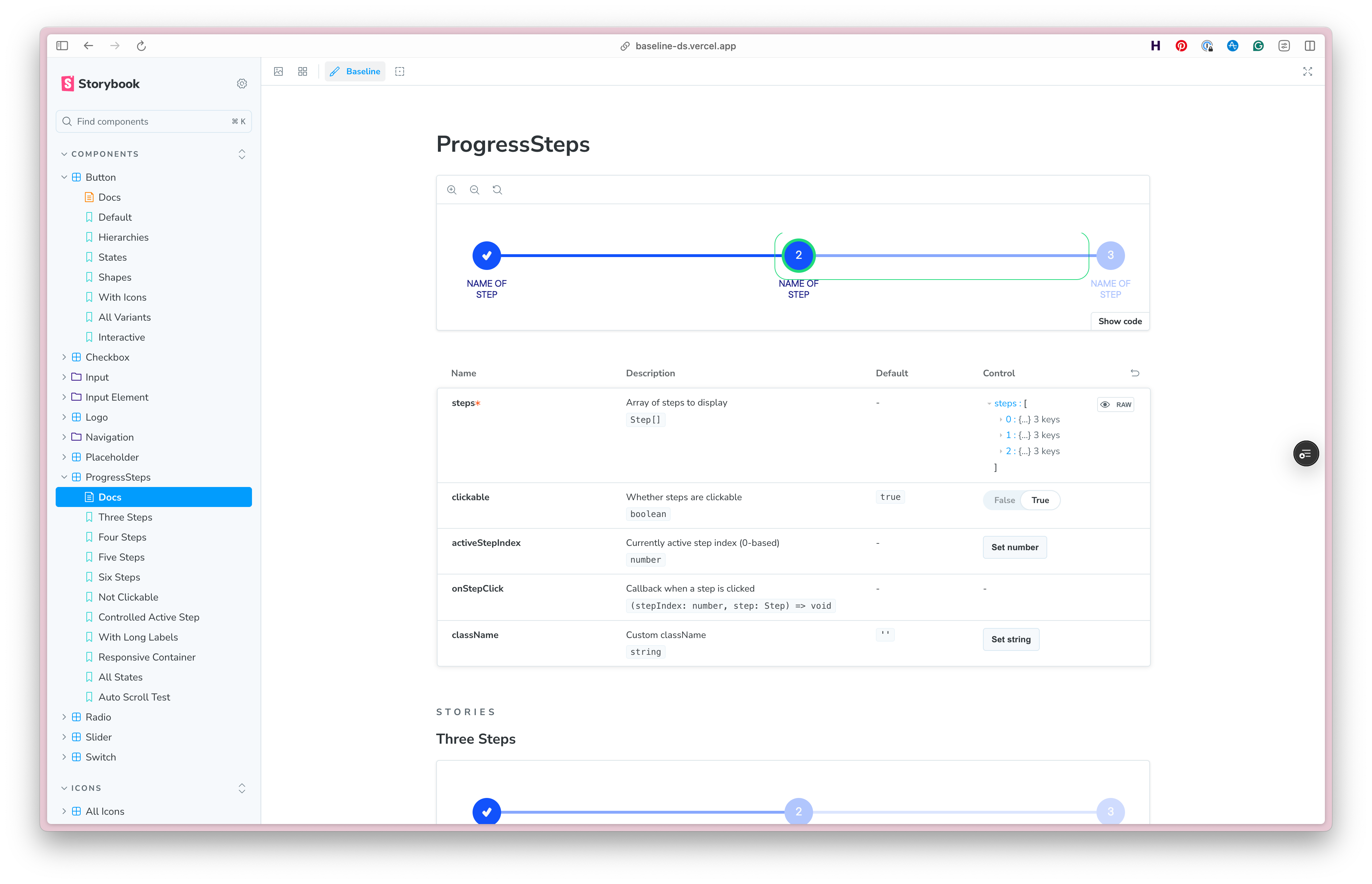 The Storybook instance for the design system, showing all of the components and their variants.