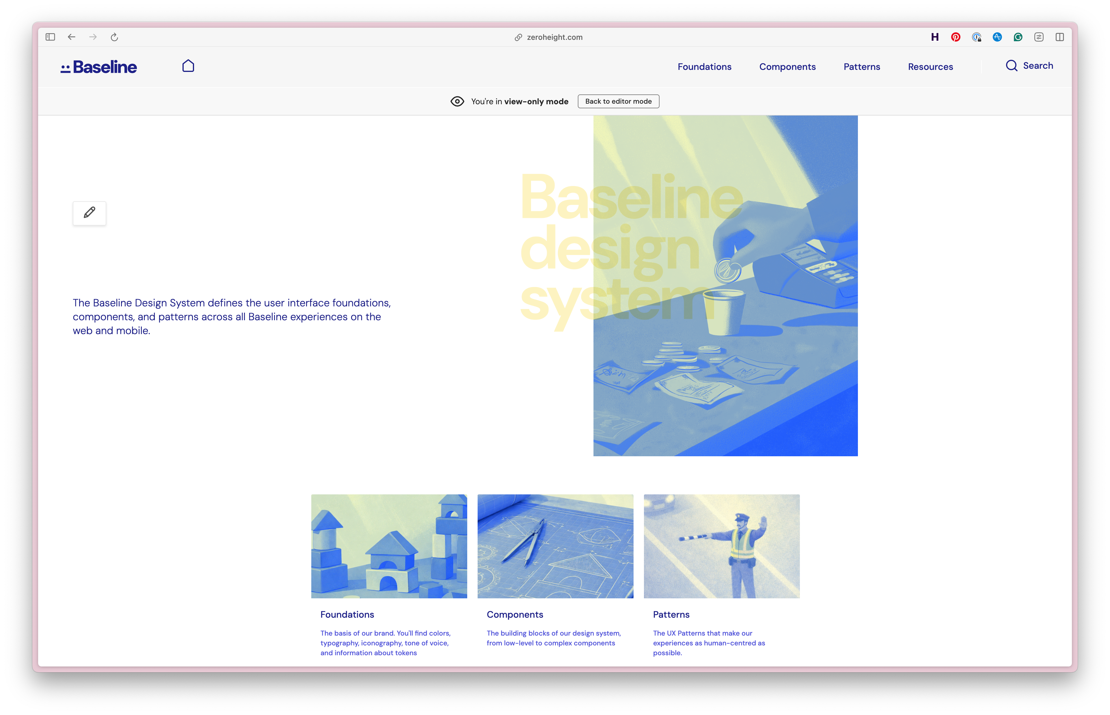 The zeroheight cover page for the design system, with custom imagery to make it feel more like a real product.